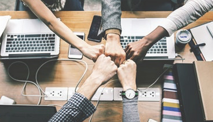 Team fist bumping celebrating their communication and teamwork.